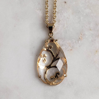 Crystal Quartz Teardrop Filigree Pendant & Chain - TurkishBling
