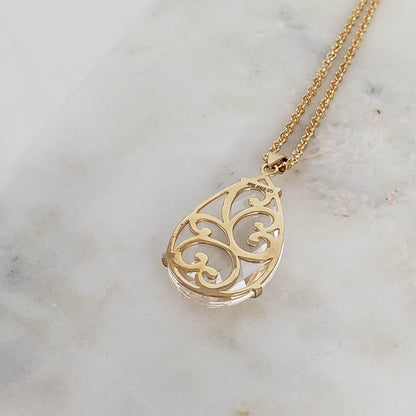 Crystal Quartz Teardrop Filigree Pendant & Chain - TurkishBling