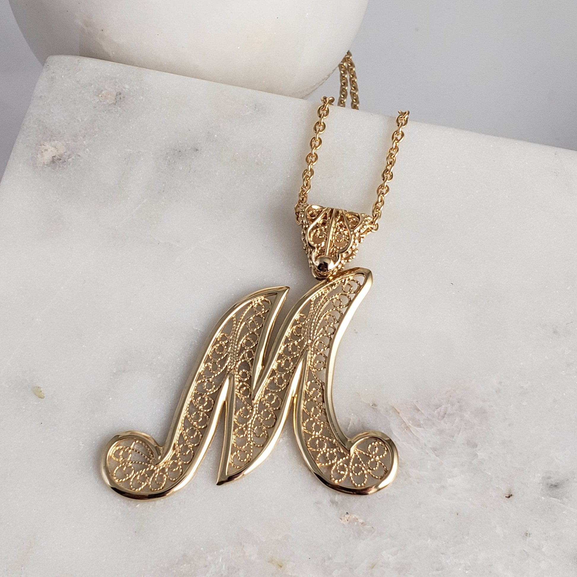 Filigree Bold Initial Pendant with Chain - TurkishBling