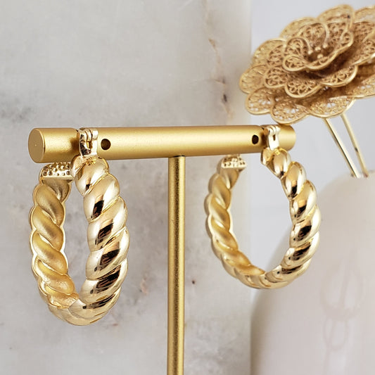 Golden Sculpted Cable Croissant Hoop Earrings