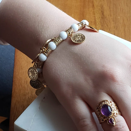Ottoman Coin and Genuine Gemstone Turquoise Lapis Amethyst Malachite Carnelian White Agate Charm Bracelet - TurkishBling