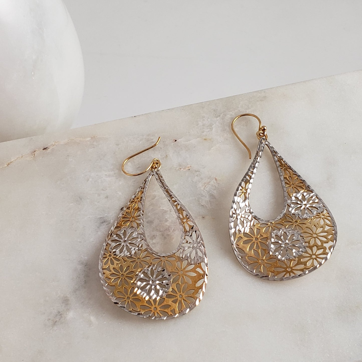 18K Gold Plated 2.5" Flower Cut-out Teardrop Earrings