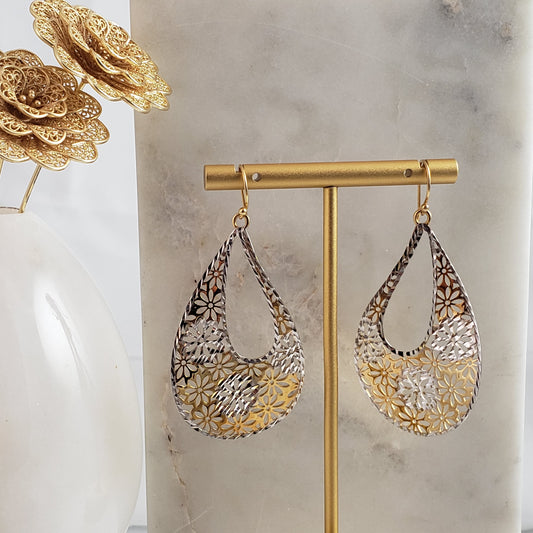 18K Gold Plated 2.5" Flower Cut-out Teardrop Earrings