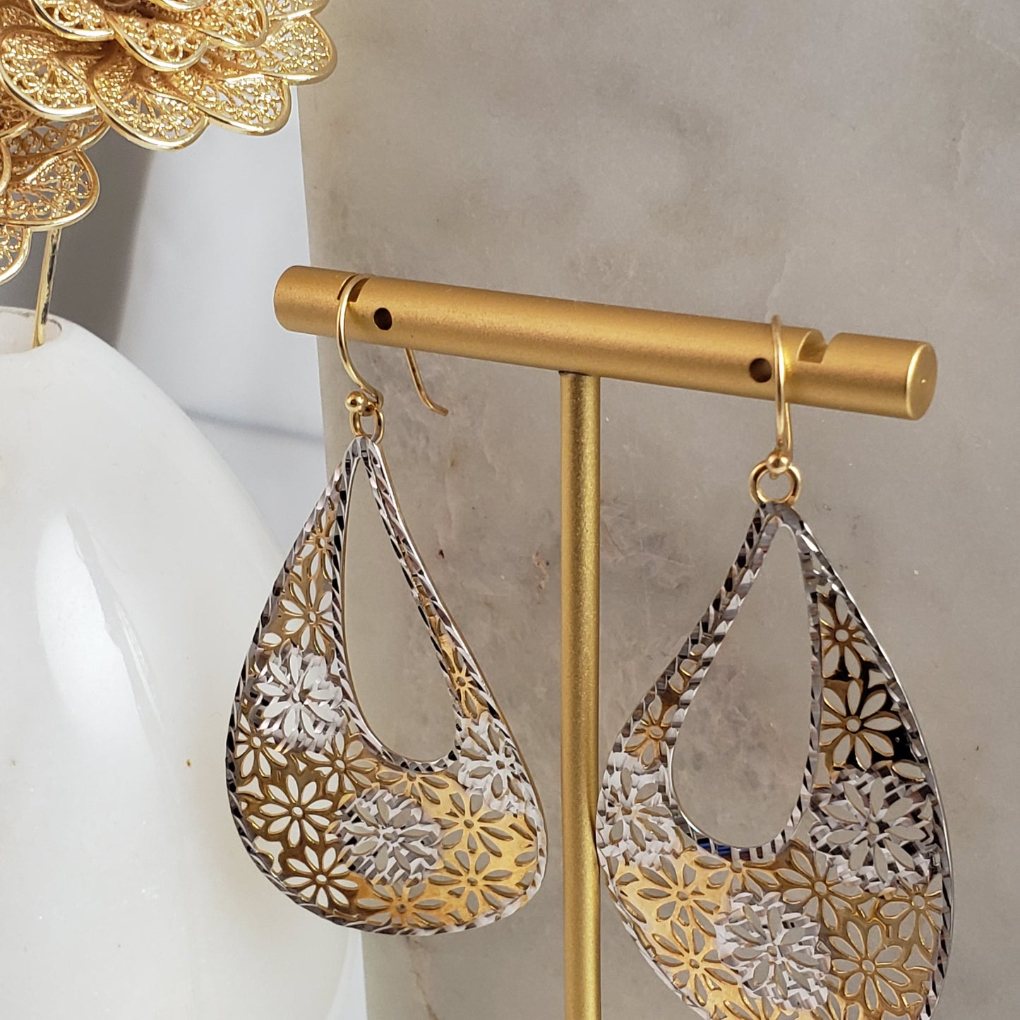 18K Gold Plated 2.5" Flower Cut-out Teardrop Earrings