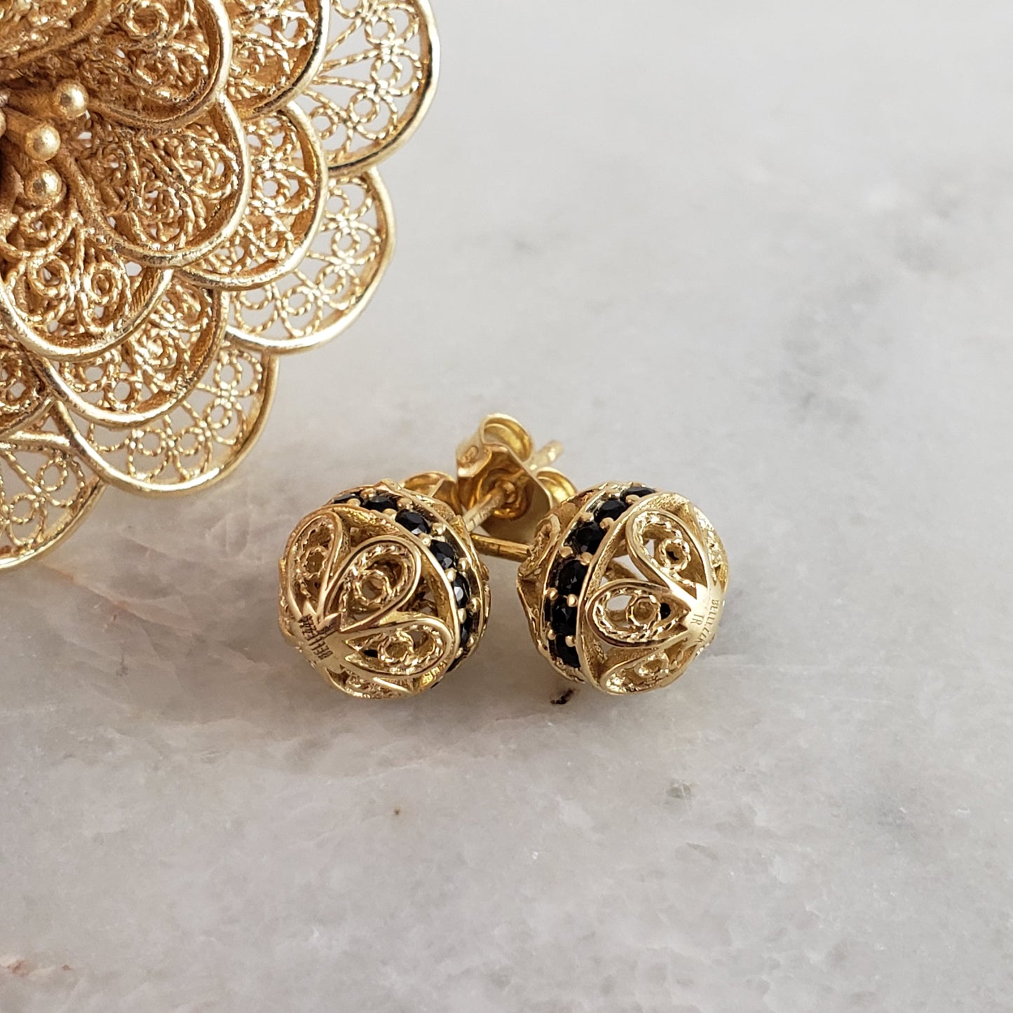 Sphere Gold Filigree Stud Earrings with Gemstones