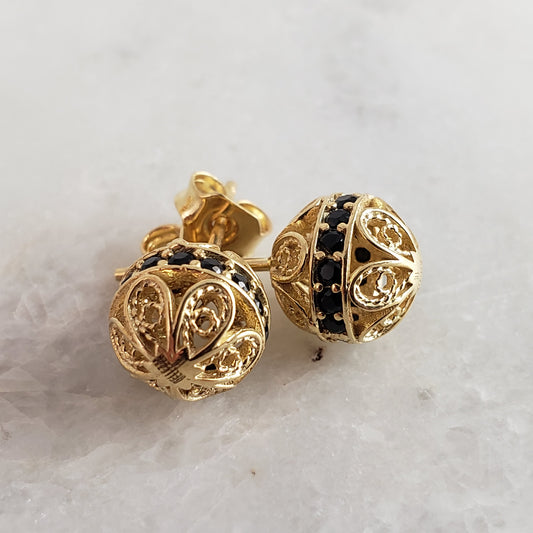 Sphere Gold Filigree Stud Earrings with Gemstones