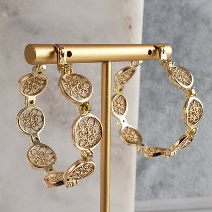 Filigree Floral Hoop Earrings with Gemstones