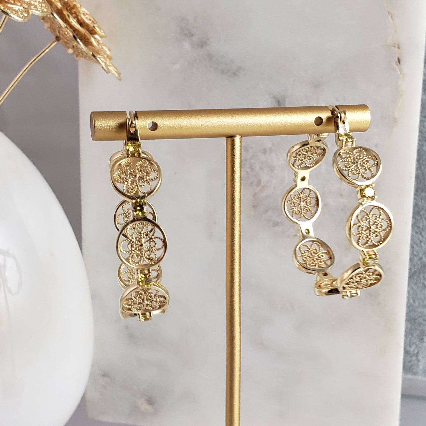 Filigree Floral Hoop Earrings with Gemstones