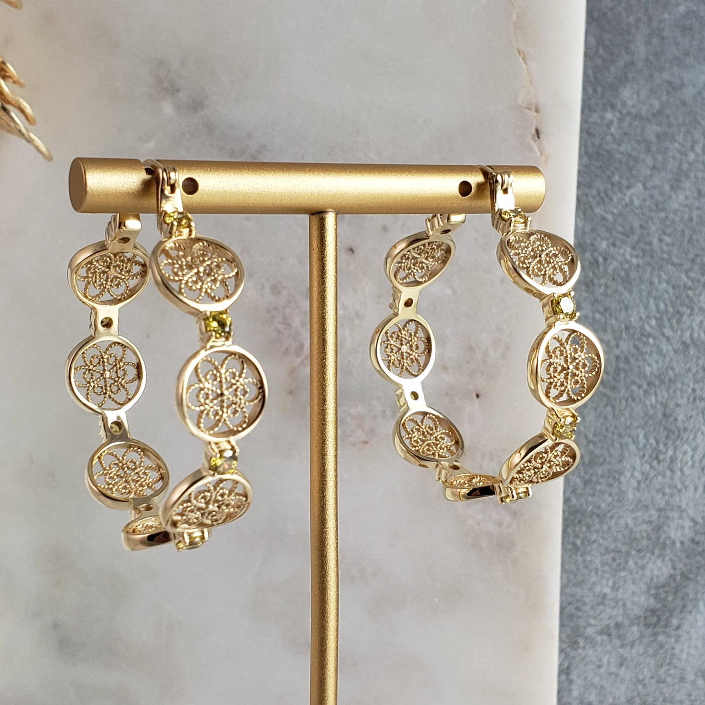 Filigree Floral Hoop Earrings with Gemstones