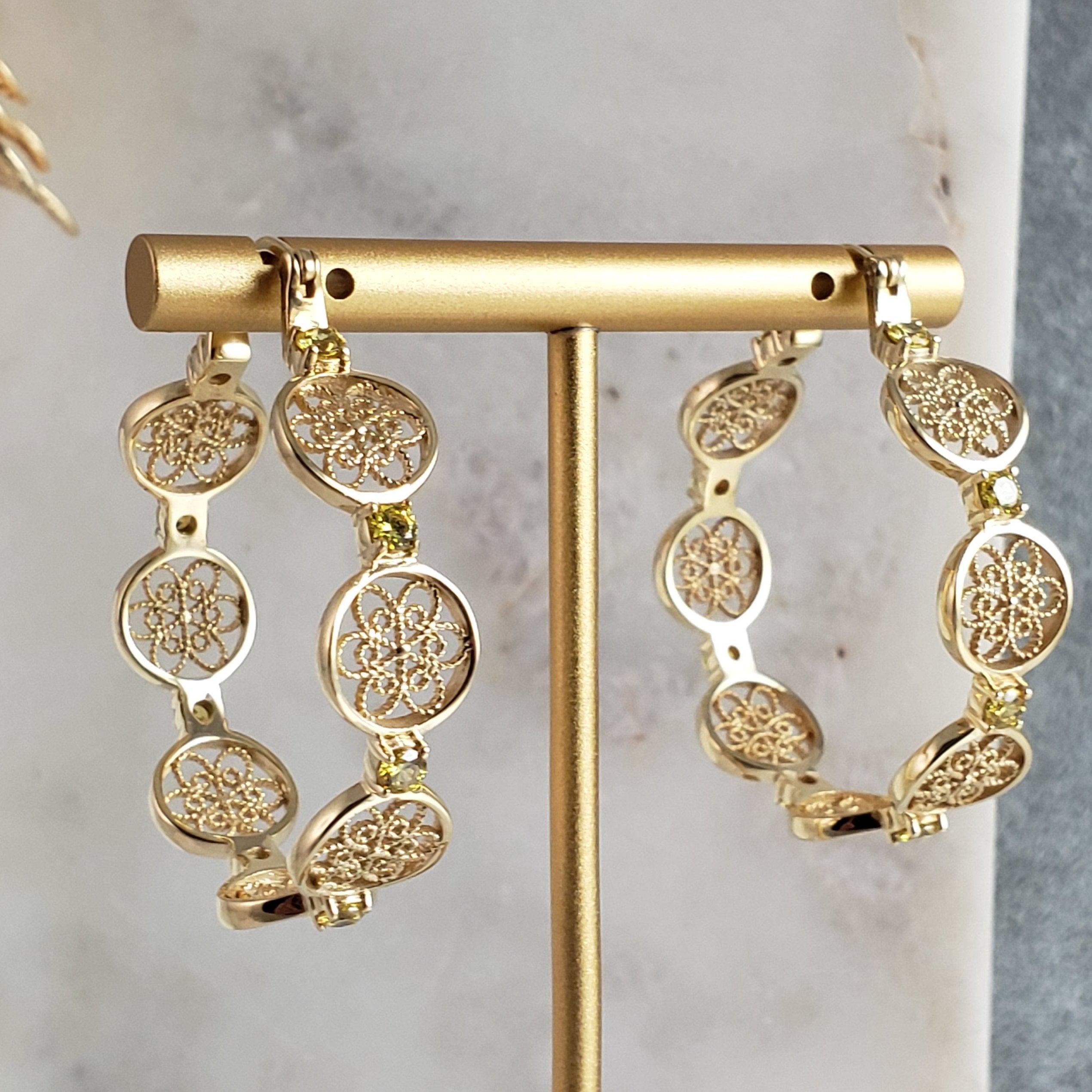 Filigree Floral Hoop Earrings with Gemstones