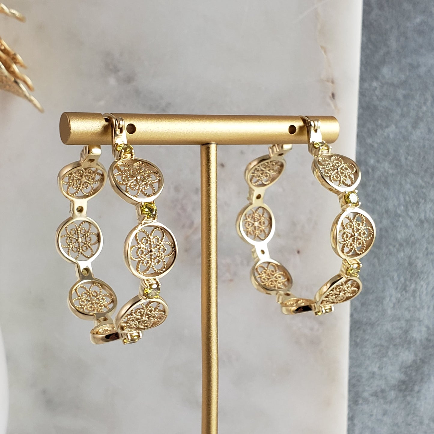 Filigree Floral Hoop Earrings with Gemstones