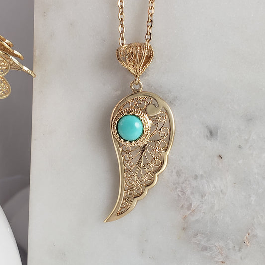 Filigree Angel Wing Pendant with Turquoise Stone