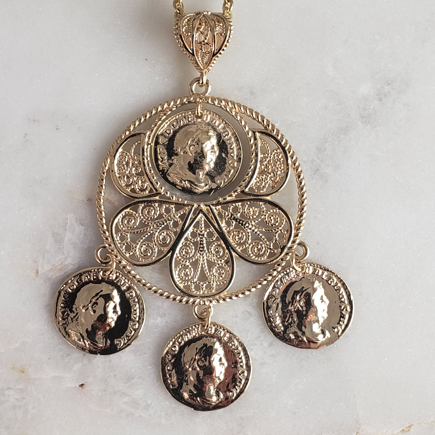 Roman Coin Filigree Pendant with 30" chain