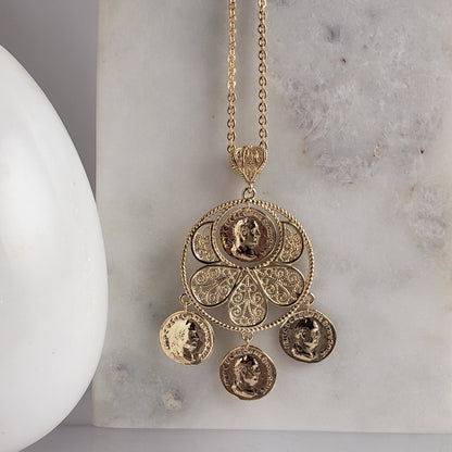 Roman Coin Filigree Pendant with 30" chain