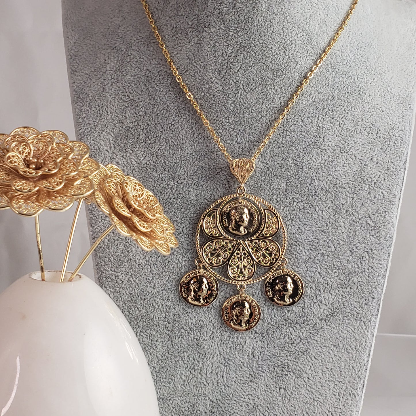 Roman Coin Filigree Pendant with 30" chain