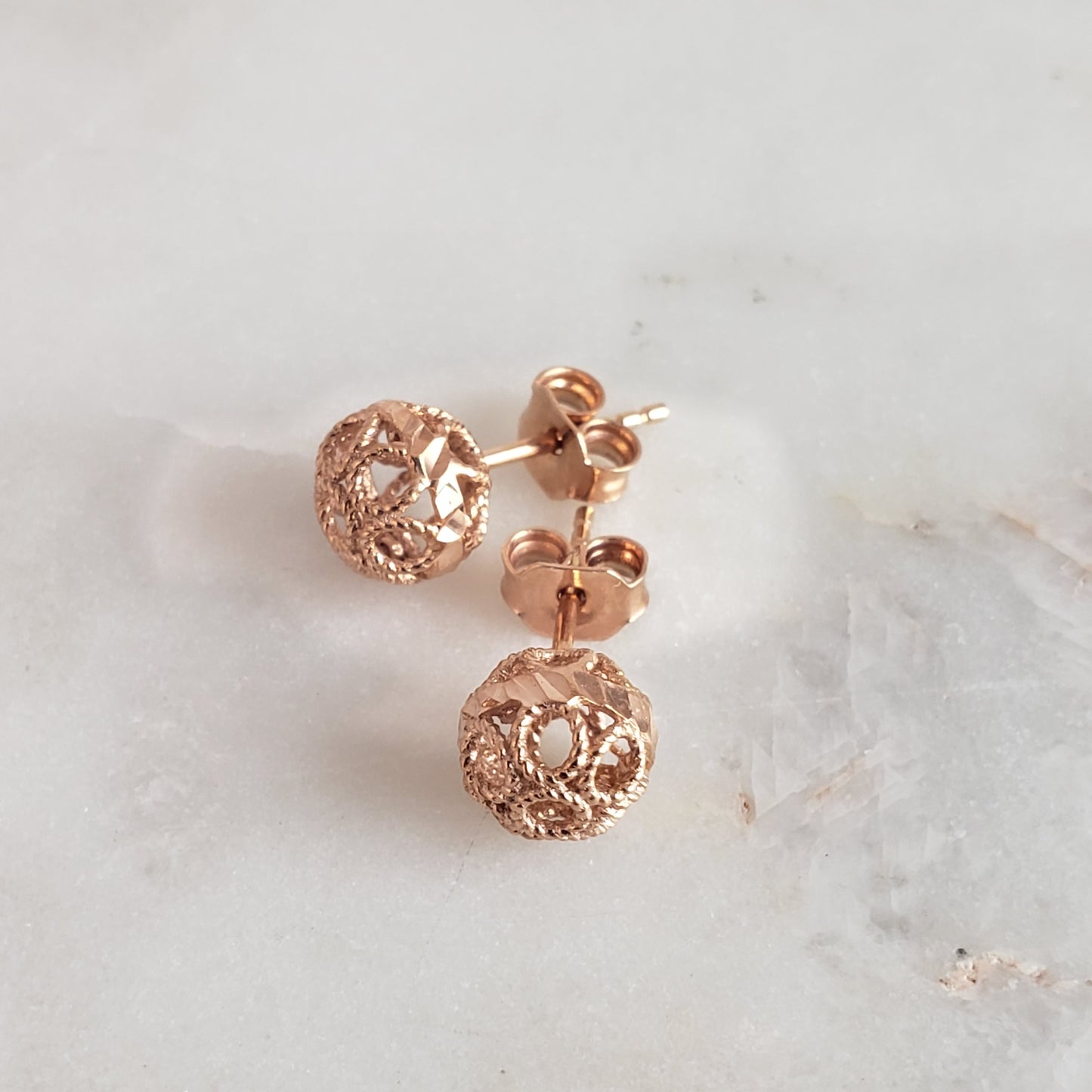 Round Gold Filigree Bead Stud Earrings with Diamond Cut