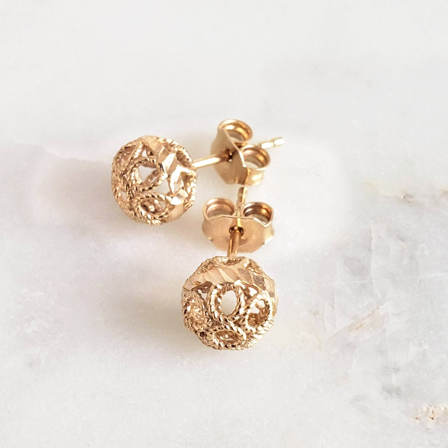 Round Gold Filigree Bead Stud Earrings with Diamond Cut