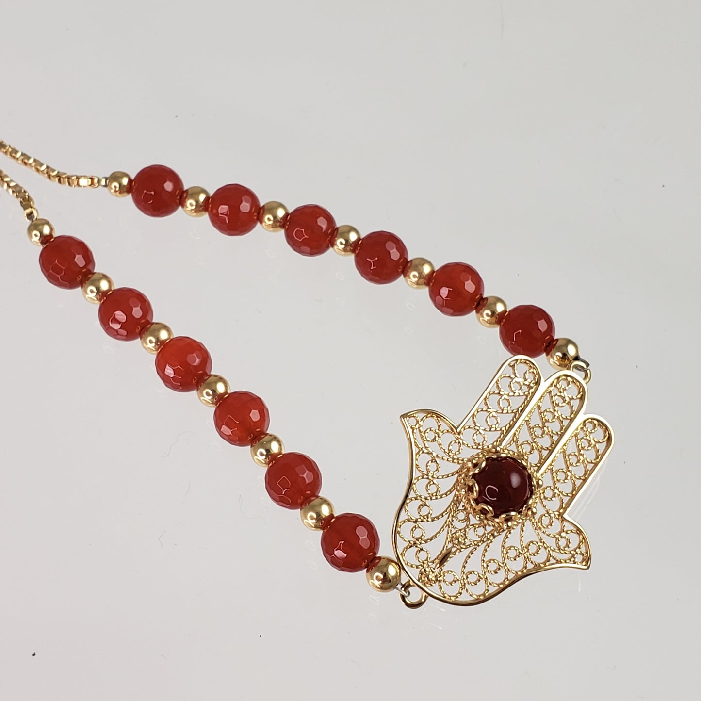 Charming Gold Plated Filigree Carnelian Bead Hamsa Bracelet