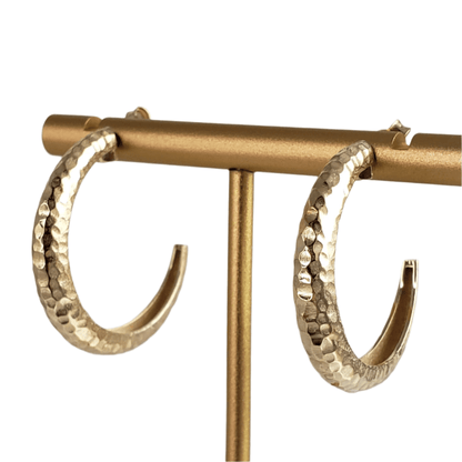 Hammered Hoop Earrings with Satin Texture - TurkishBling
