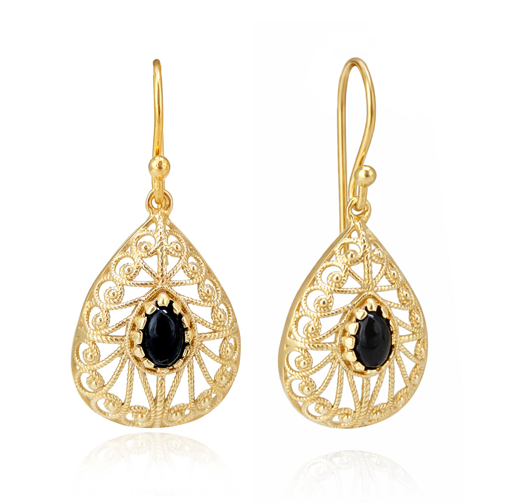 Black Onyx Teardrop Earrings Filigree Gold Dangle Earrings