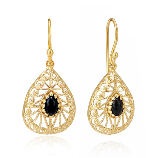 Black Onyx Teardrop Earrings Filigree Gold Dangle Earrings