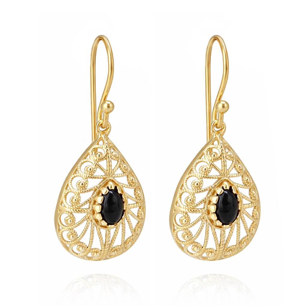 Black Onyx Teardrop Earrings Filigree Gold Dangle Earrings
