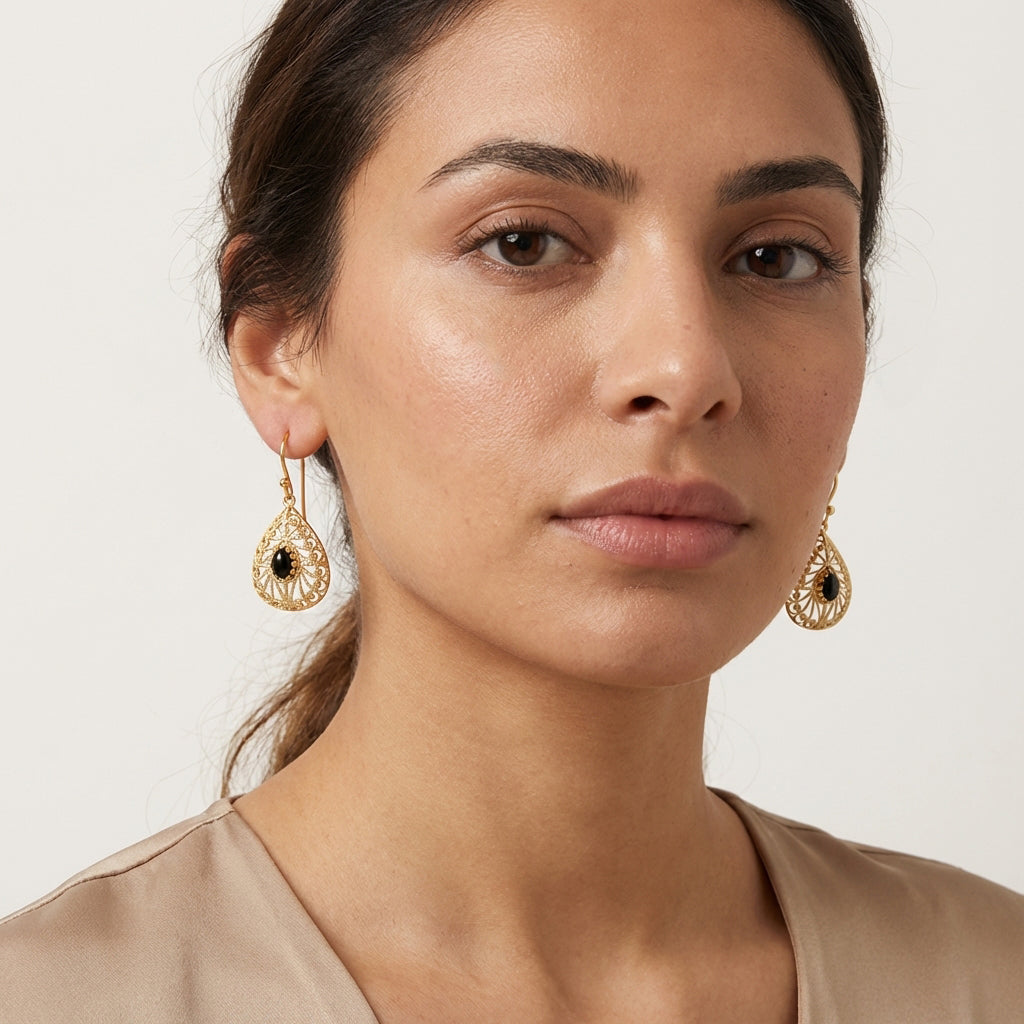 Black Onyx Teardrop Earrings Filigree Gold Dangle Earrings