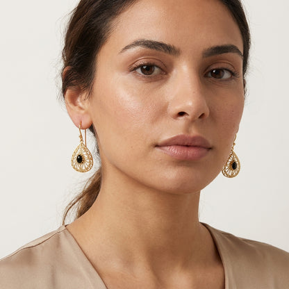 Black Onyx Teardrop Earrings Filigree Gold Dangle Earrings
