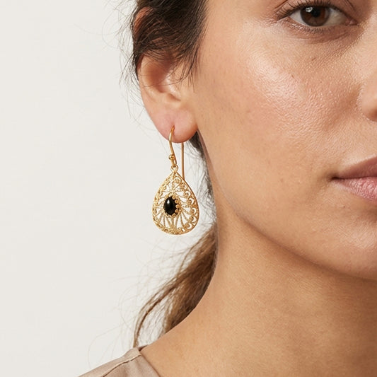 Black Onyx Teardrop Earrings Filigree Gold Dangle Earrings