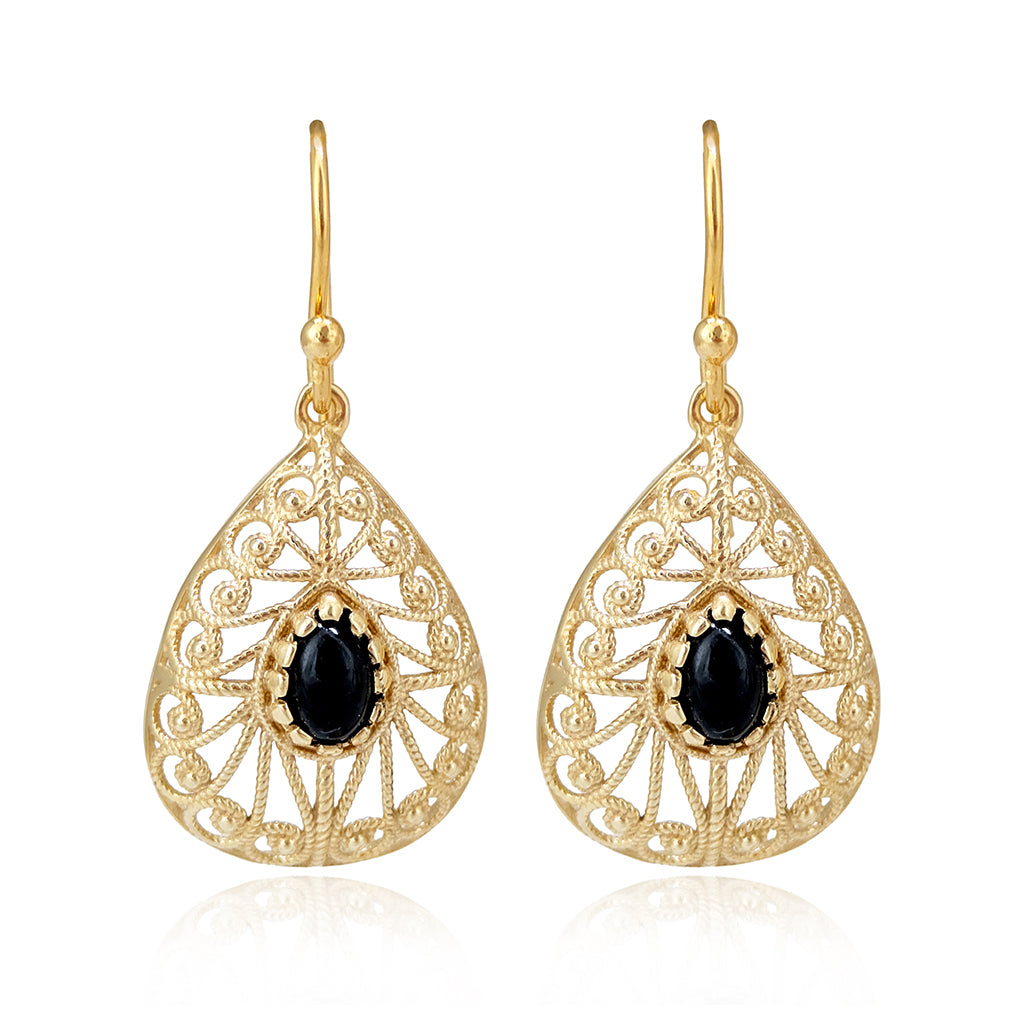 Black Onyx Teardrop Earrings Filigree Gold Dangle Earrings