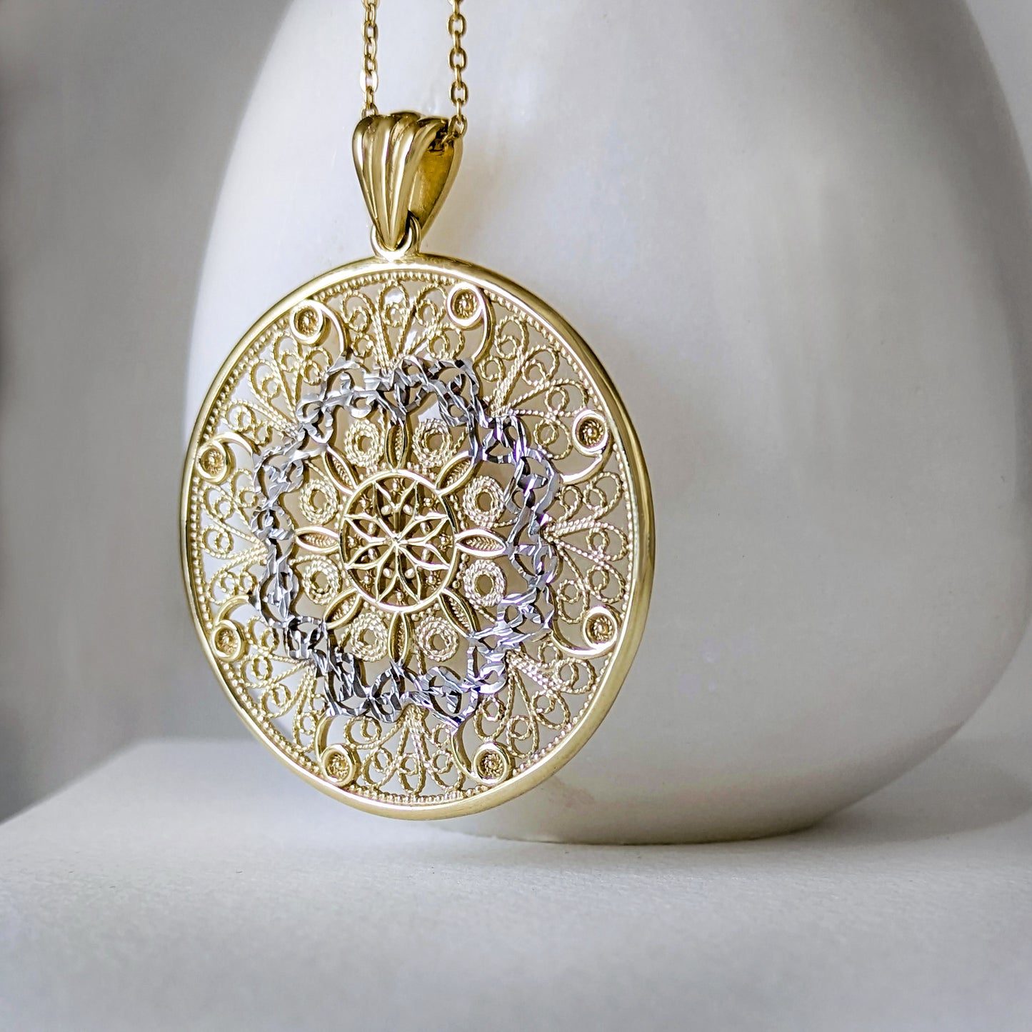 Gold Filigree Mandala Pendant Round Openwork Medallion Charm