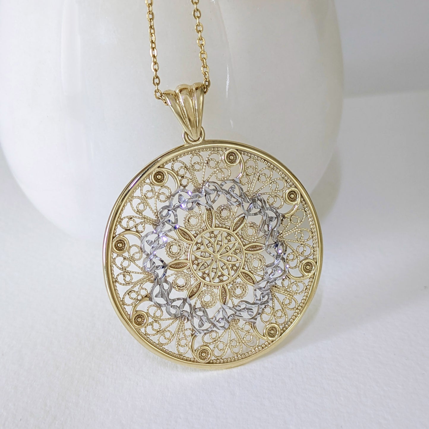 Gold Filigree Mandala Pendant Round Openwork Medallion Charm
