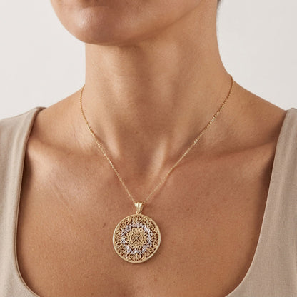 Gold Filigree Mandala Pendant Round Openwork Medallion Charm