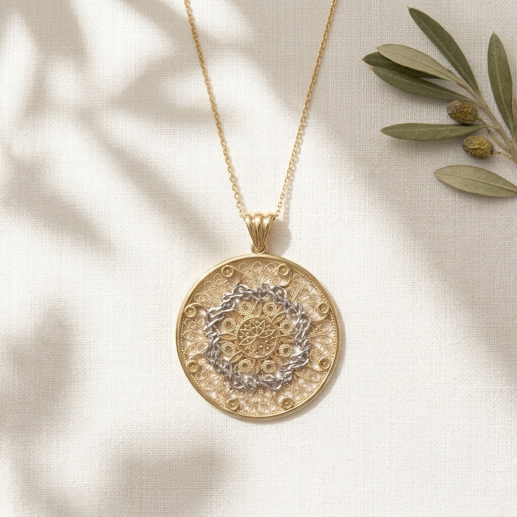 Gold Filigree Mandala Pendant Round Openwork Medallion Charm