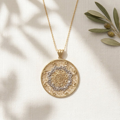 Gold Filigree Mandala Pendant Round Openwork Medallion Charm
