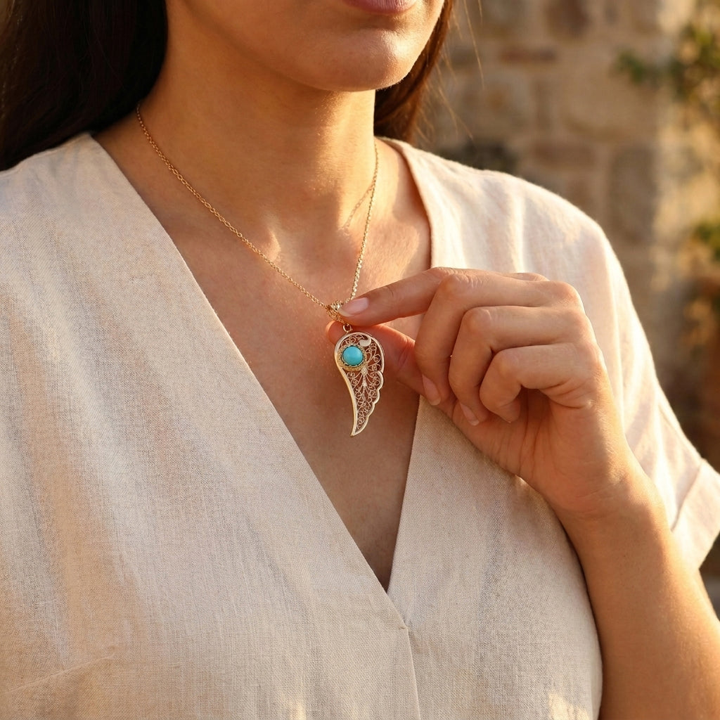 Filigree Angel Wing Pendant with Turquoise