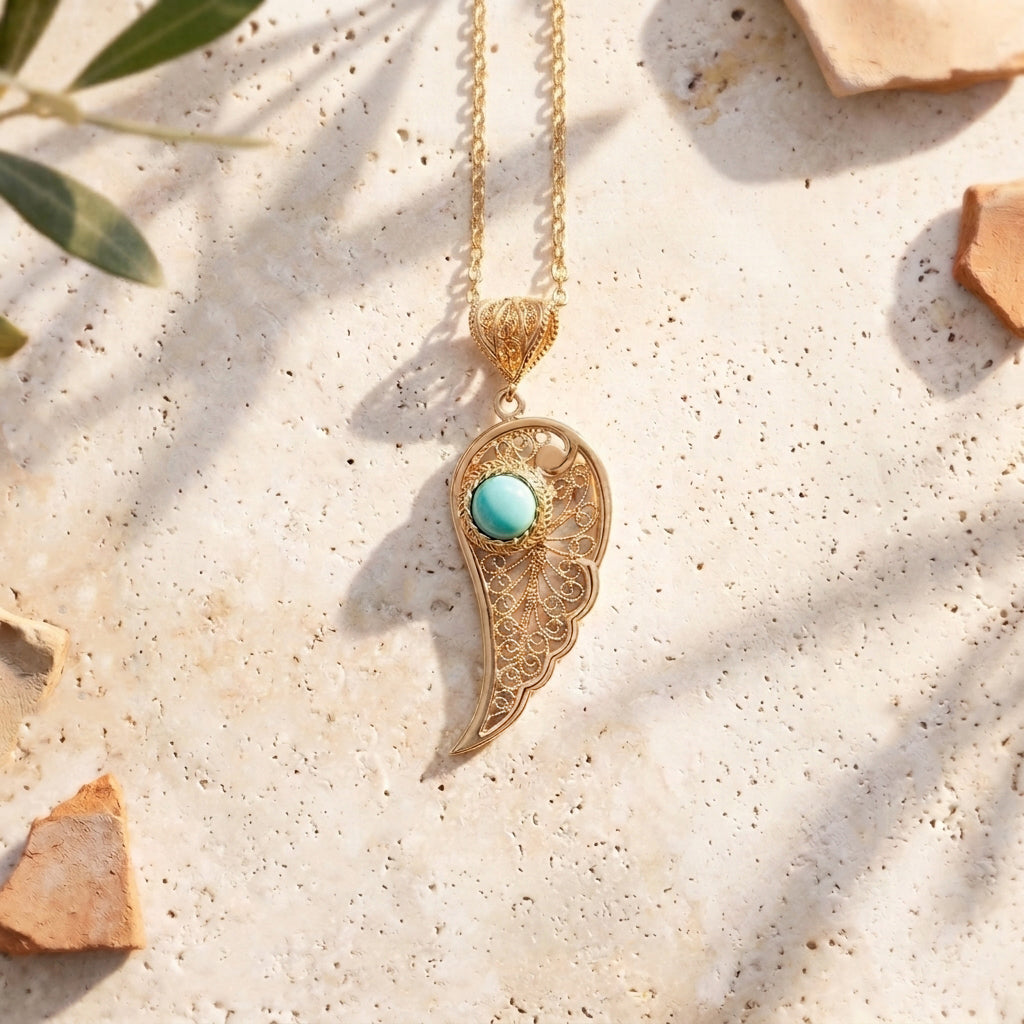 Filigree Angel Wing Pendant with Turquoise