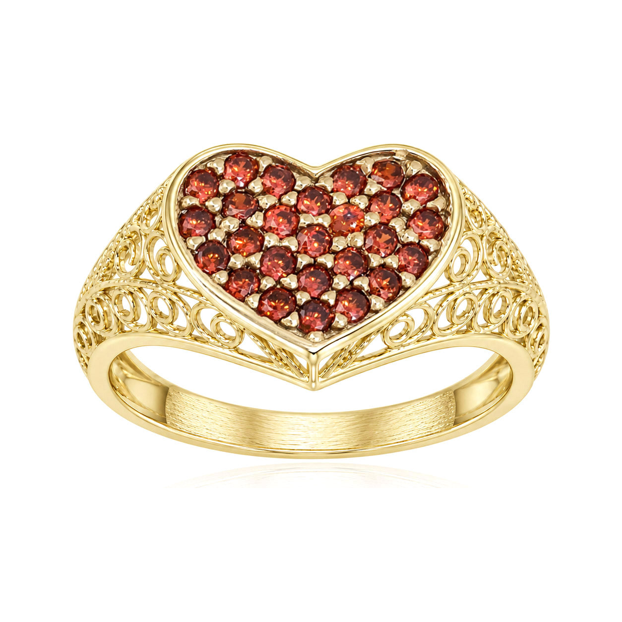 Heart Filigree Ring with Red Cubic Zirconia – Romantic Gold Statement Ring