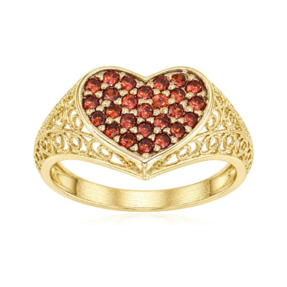 Heart Filigree Ring with Red Cubic Zirconia – Romantic Gold Statement Ring