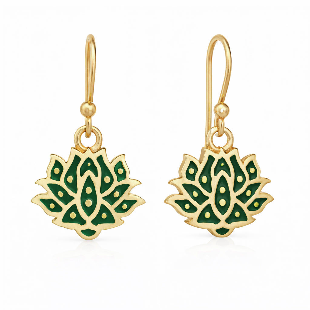 Red and Green Lotus Earrings Gold Enamel Lotus Flower Drop Earrings