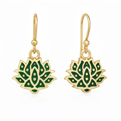 Red and Green Lotus Earrings Gold Enamel Lotus Flower Drop Earrings