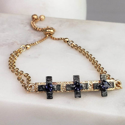 Cross Jewelry Bracelet with Gemstone – Gold Adjustable Artisan Religious Bracelet Citrine and Garnet Rhodolite , Blue Iolite - TurkishBling