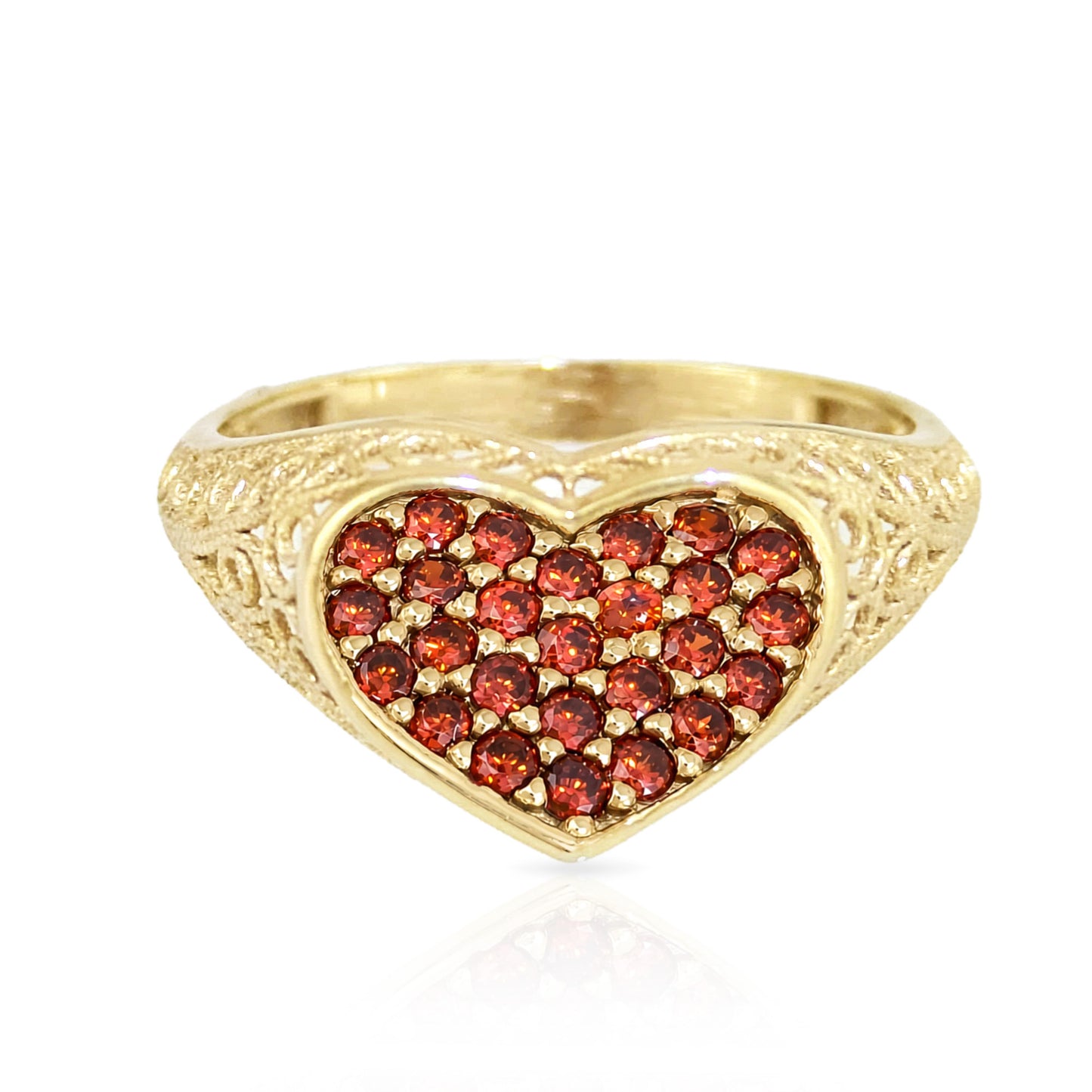 Heart Filigree Ring with Red Cubic Zirconia – Romantic Gold Statement Ring