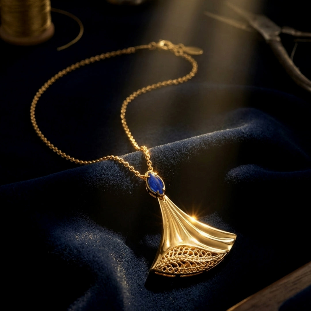 Rumi Fan Pendant Gold Statement Necklace Lapis Lazuli or Mother of Pearl