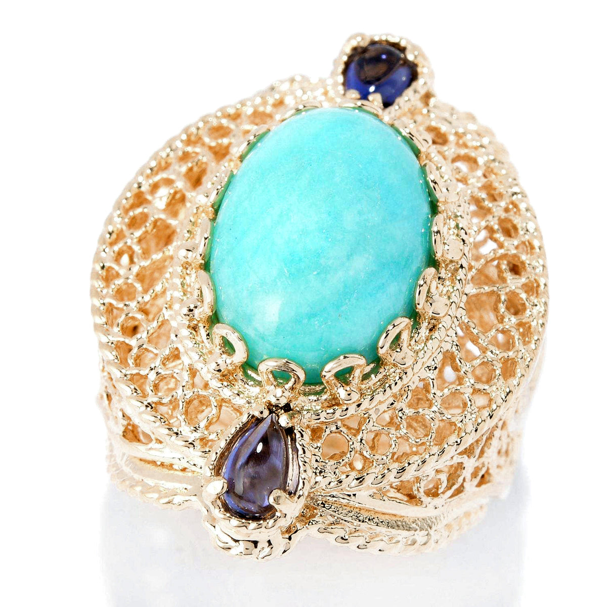 Filigree Genuine Amazonite and Amethyst Gemstone Ring