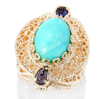 Filigree Genuine Amazonite and Amethyst Gemstone Ring