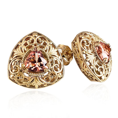 Trillion Morganite Stud Earrings with Scrollwork Filigree