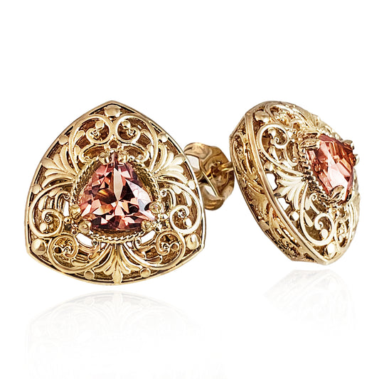 Trillion Morganite Stud Earrings with Scrollwork Filigree