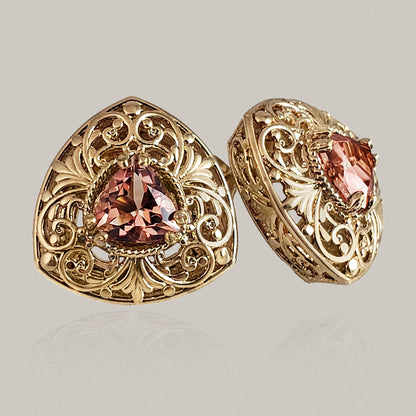 Trillion Morganite Stud Earrings with Scrollwork Filigree
