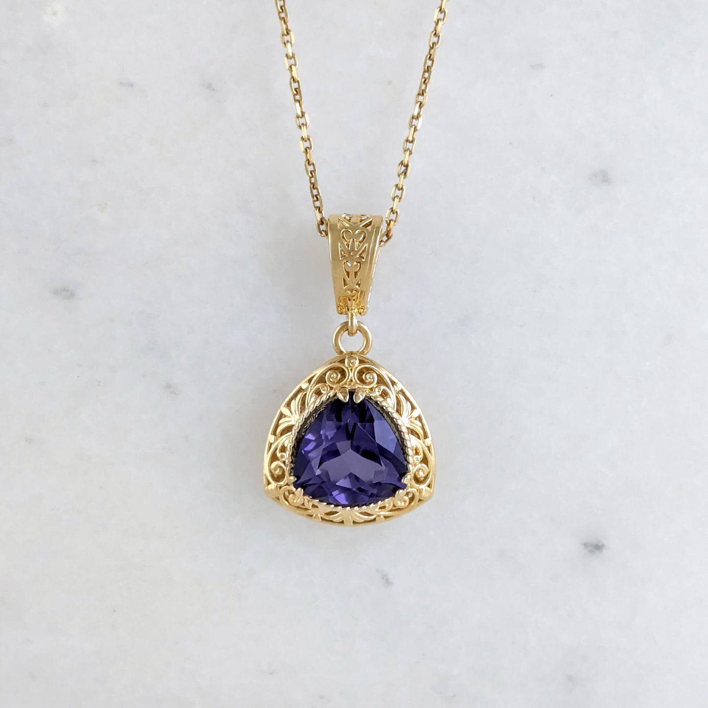 Trillion Cut Tanzanite Color Quartz Scrollwork Pendant  w/18+2 in chain